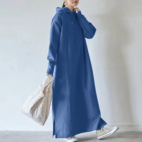 Damen Langarm Fleece Kapuze Locker Maxi Pullover Hoodies Sweatshirt Kleid - Bild 10 von 25