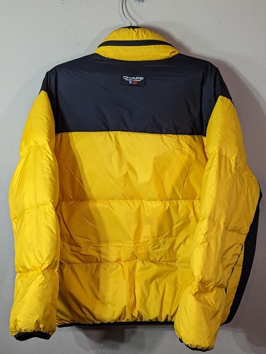 Vntg Chaps Ralph Lauren Yellow Down Puffer Coat Jacket Hooded Streetwear Sz XL - Picture 2 of 6