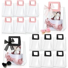 12 Pcs Clear Gift Bag with Handle and 2 Rolls Sheer Ribbon with Gold Trim Reu...