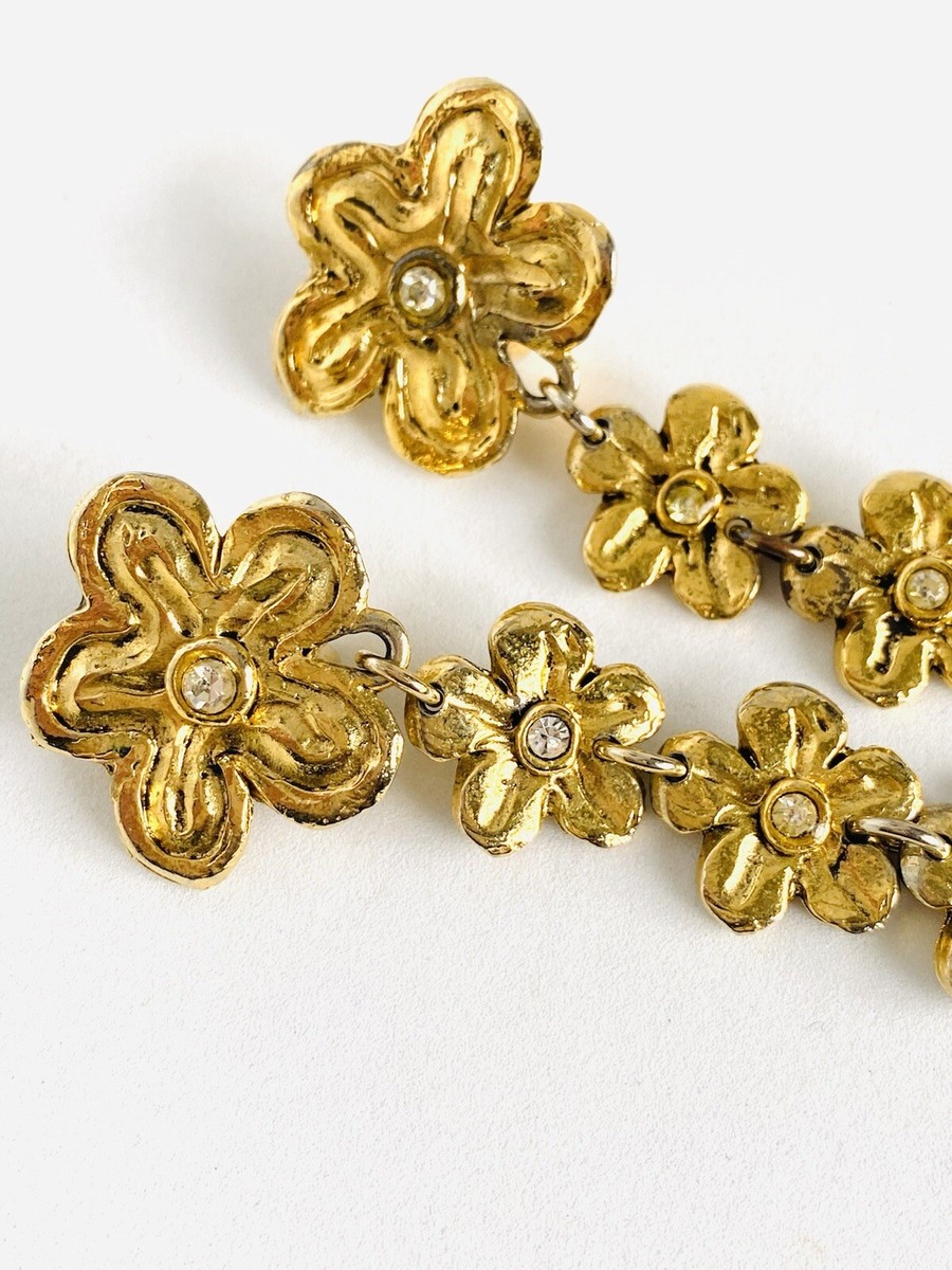 Boucles D'oreilles Pendantes JACKY DE G Paris - Strass Doré, Vintage Années 90 - Occasion, Fermoir Clips