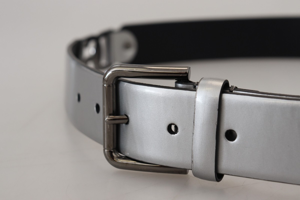 DOLCE & GABBANA Belt Metallic Silver Leather DG Logo Metal 