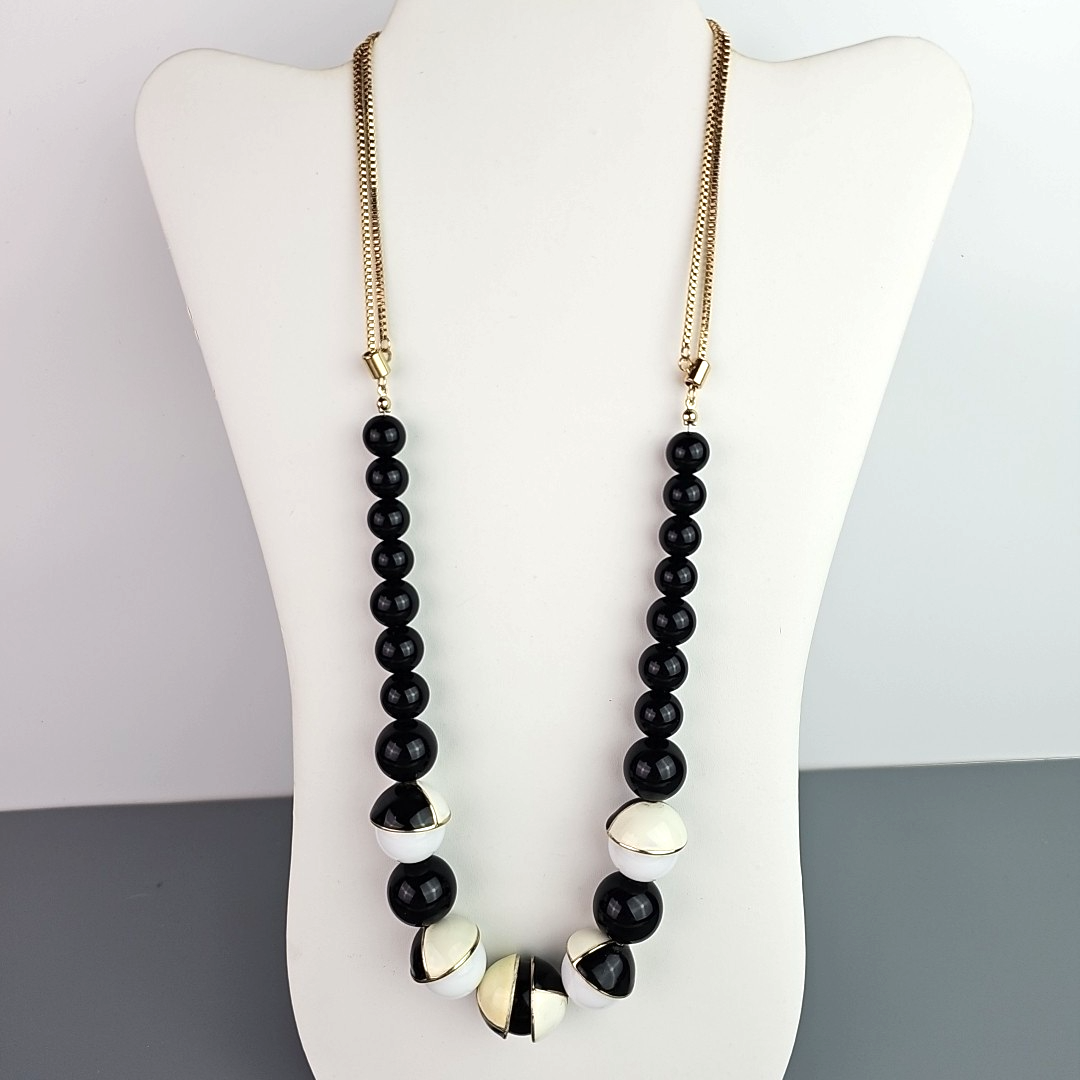 Black White Tan Necklace Beads Gold Tone Adjustable Chain Geometric Graduated