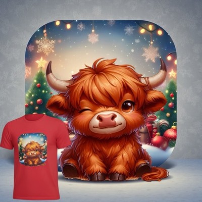 New Cute Winking Highland Cow Christmas Cotton Red T-shirt sz M