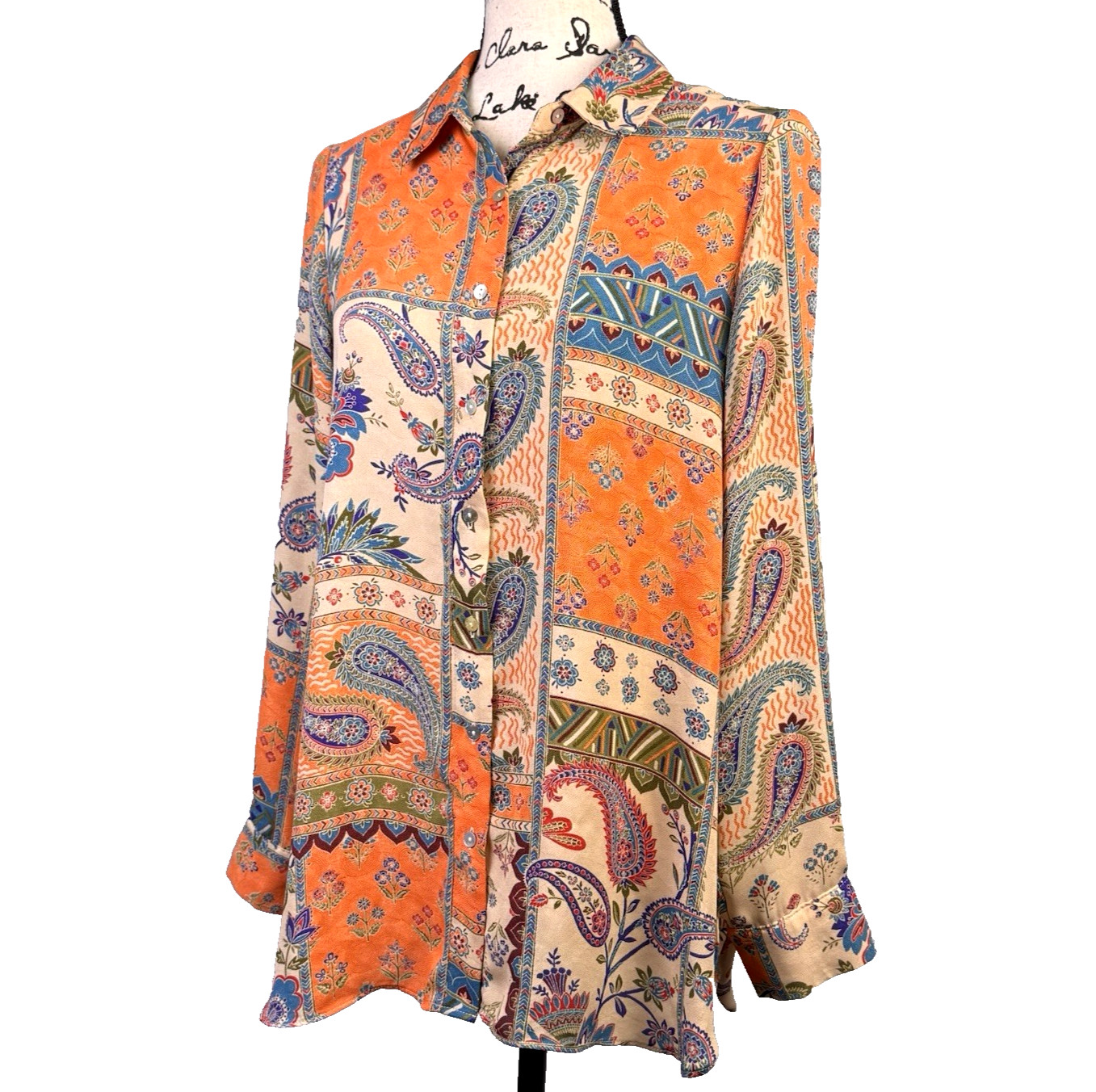 Rose + Olive Blouse Medium Button Down Paisley Pa… - image 1