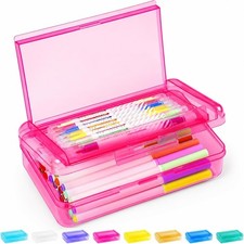 Sooez Double Layer Pencil Box Hard Plastic Case Organizer Art Supply Storage