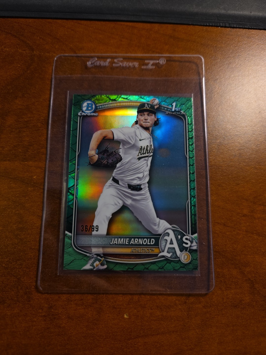 2025 Bowman Draft, Jamie Arnold 1st Bowman #BDC-30, Green Reptilian /99, A's