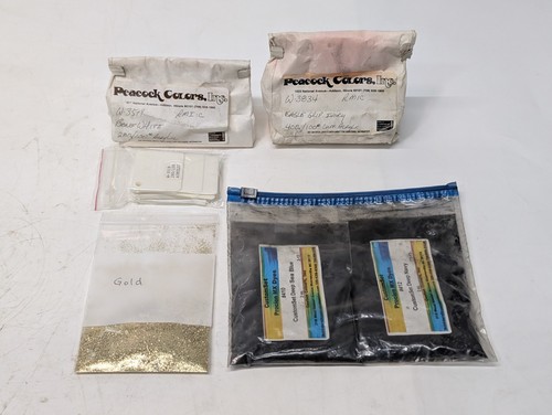 Lot of Industrial Colorant Powders & Cards: Custom Colours, Peacock, Gold Flakes