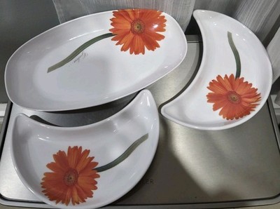 Flamefield Melamine Dishes 1 Platter And Set/2 Crescent Dishes Gerbera
