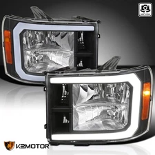 LED Tube Headlights Fits 2007-2013 GMC Sierra 1500 2500HD 3500HD Black Lamp Pair