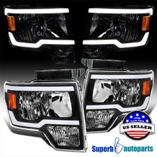 For 2009-2014 Ford F150 Black Headlights Headlamps LED Tube DRL Left+Right
