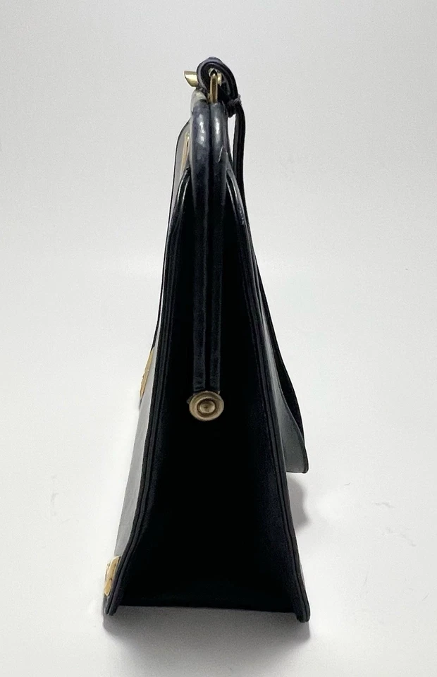 Cartera de mano Dofan vintage hecha en Francia cuero negro dorado Foto 3 de 4