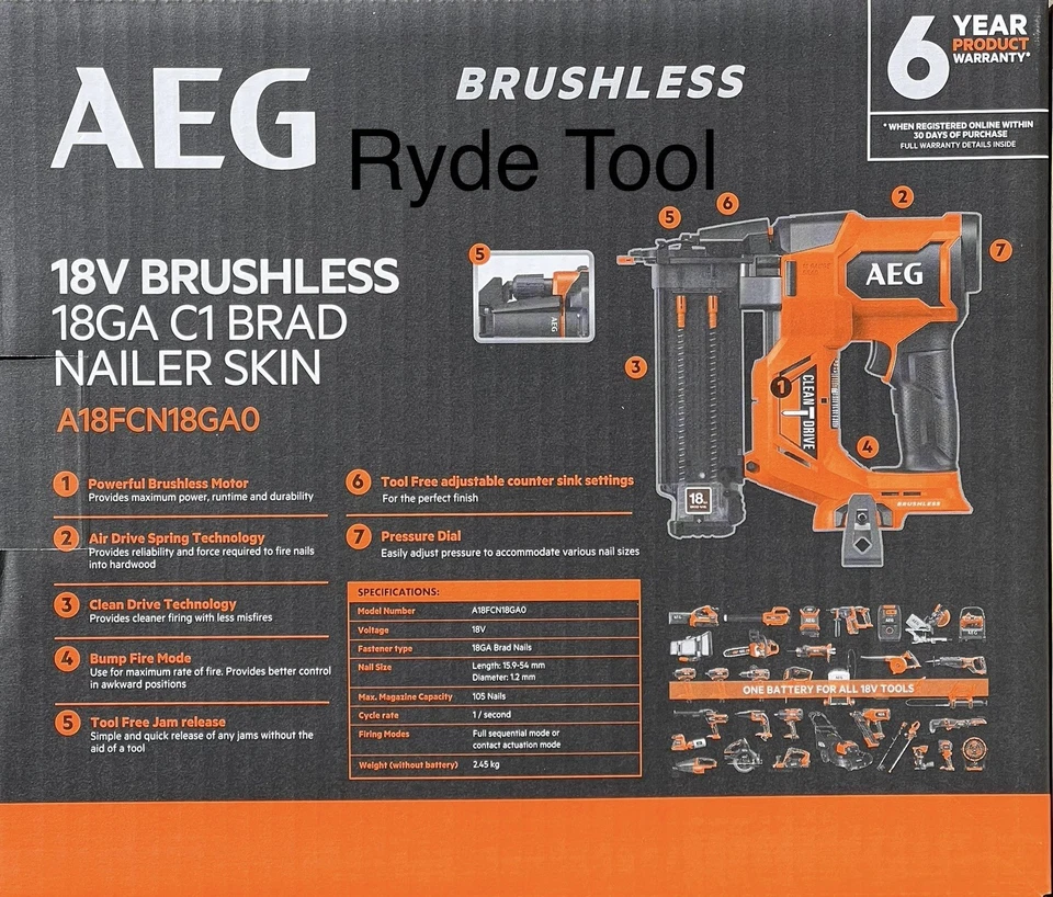 AEG 18V Brushless 18GA Brad Nailer, A18FCN18GA0. AU Stock.