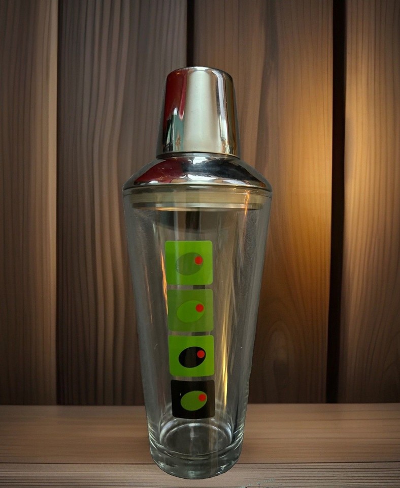 Vintage MCM 10” Glass Cocktail Shaker Green Olive Stainless Steel Lid & Strainer