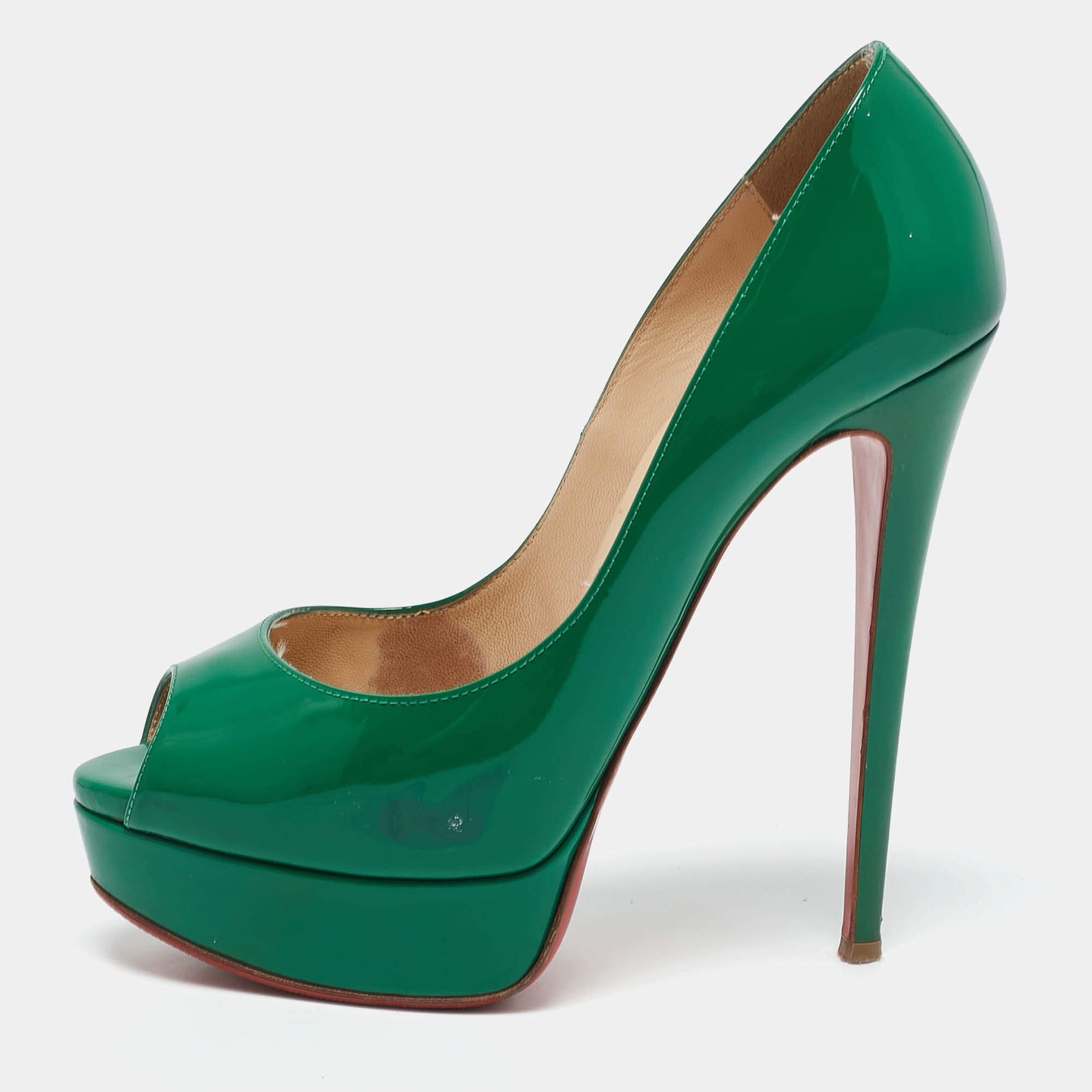 Christian Louboutin Green Patent Leather Lady Peep Toe Pumps Size 38.5
