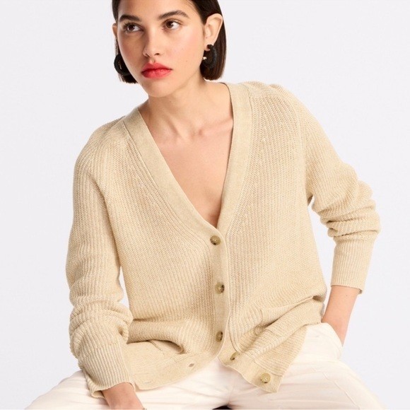 J.Crew Sweater Womens Small Relaxed Cotton Linen Blend V-Neck Cardigan Beige