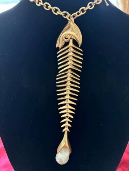 Schiaparelli Gold Toned Fishbone Paired with Baroque Pearl Pendant