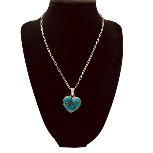 Vintage Estate Turquoise Sterling Silver Heart Pendant Necklace 16" Paperclip - Imagen 6 de 15