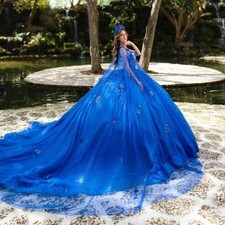 Custom Shiny Royal Blue Quinceanera Dress Ball Gown Applique Crytal Beaded Cape
