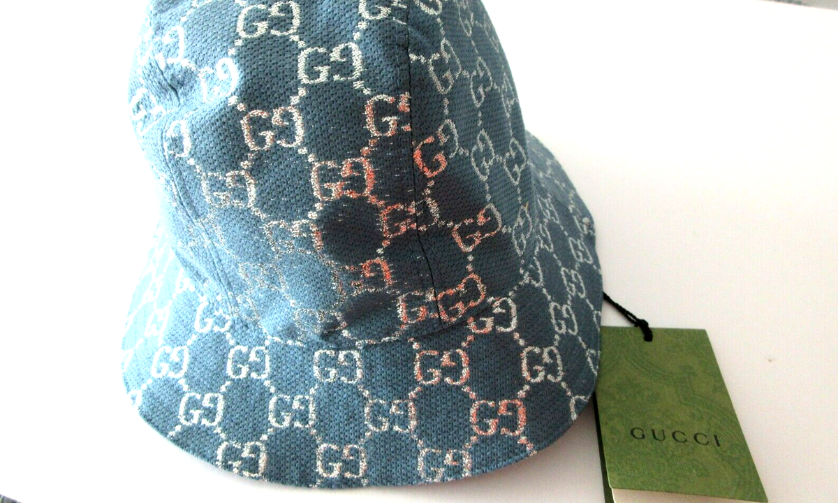 Gucci Blue Lame GG Bucket Hat in blue with GG in silver tone Size