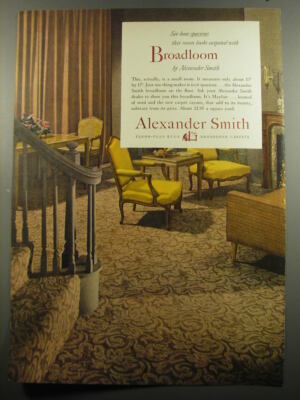 1951 Alexander Smith Broadloom Carpet Ad - See how spacious this room looks