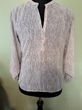 A.N.A. Women's Gray White Sheer Long Sleeve Quarter Button Up Blouse Size L EUC 