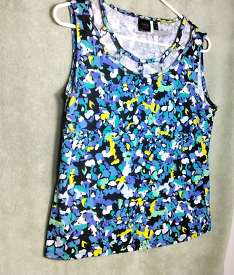 Rafaella Studio Tank Top Womens Size L Petite Blue Floral Sleeveless Laser Cuts