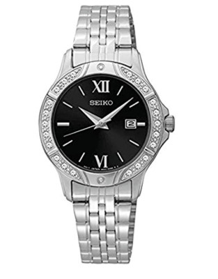 New Seiko SUR861 Authentic Women's SS Black Dial Swarovski $200