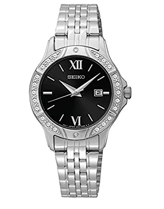New Seiko SUR861 Authentic Women's SS Black Dial Swarovski $200 Watch