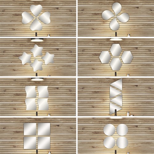 Decorative Mirrors Wall Self Adhesive Back Tile Glass Shaped Mirrors - Set of 4 - Picture 12 of 47