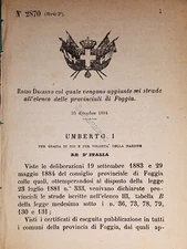 Decree Kingdom of Italy - Added six streets to the provincial list of Foggia 1884