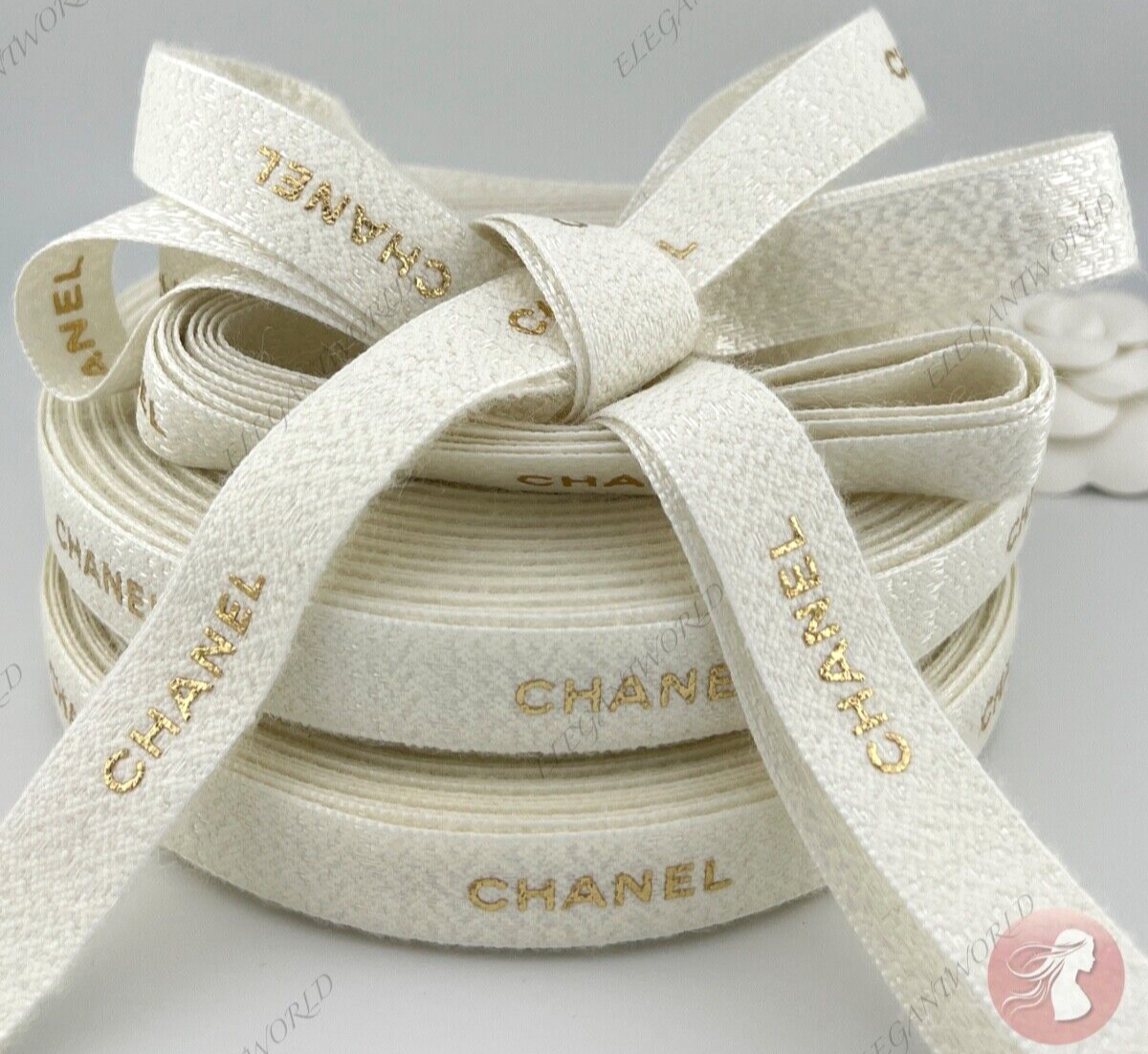 Chanel White & Metallic Gold Gift Wrap Ribbon Size: 3 Yard / 9