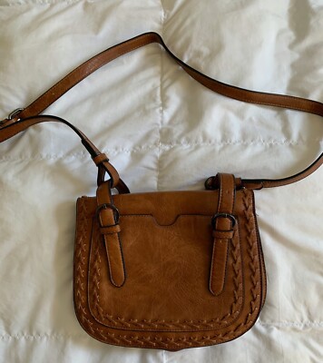 Madison West Tan Cognac Saddle Purse Vegan Leather Decorative Stitching  Satchel