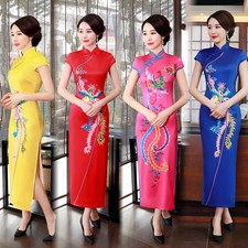 Chinese Traditional Cheongsam Women Silk Long Dress Prom Qipao Size M to 4XL