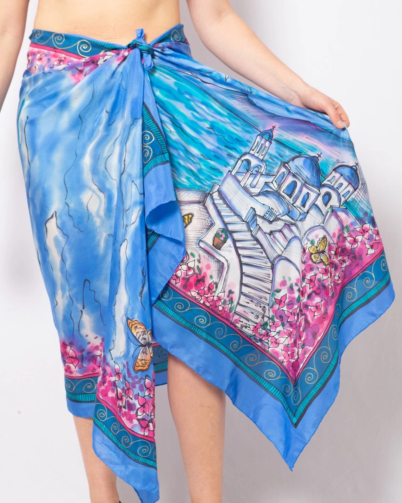 Santorini Hand Painted Silk Scarf Summer Sarong Pareo Santorini Wedding Gift