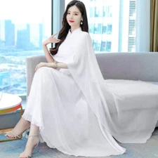 Women Fake Two Pieces Cloak Long Dress Chiffon Pleated Fairy Elegant Chinese
