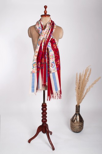 Cashmere Red White Stripes Artistic Handloomed Bold Kani Pashmina Shawl - Picture 9 of 9