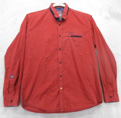 Killer Jeans Button Up Shirt Men's X-Large Maroon with Blue Trim 100% Cotton
