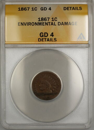 1867 Indian Head Cent 1c Coin ANACS GD-4 Details Env. Damage *Scarce Date*  PRX - 第 1/2 張圖片