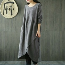 Women Linen Cotton Midi Dress Loose Baggy Long Sleeve Plain Vintage Casual M-5XL