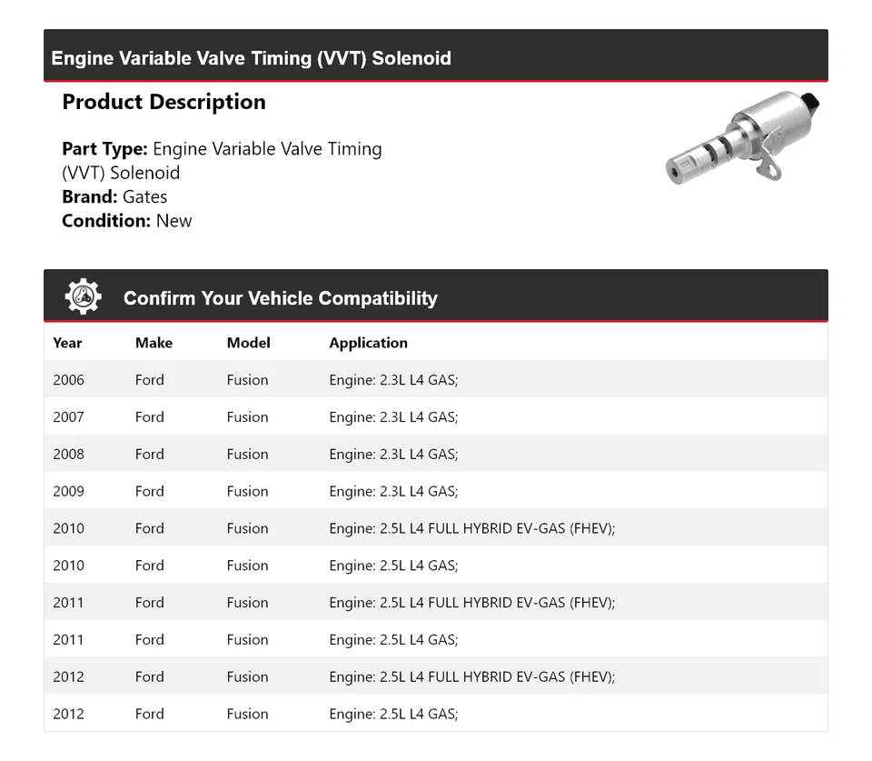 Puertas solenoide de distribución de válvula variable (VVT) para motor Ford Fusion 2006-2012 2007 Foto 2 de 4