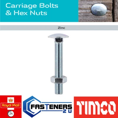 TIMco M6 6mm carriage bolts and Hex Nuts. Zinc coated. various lengths