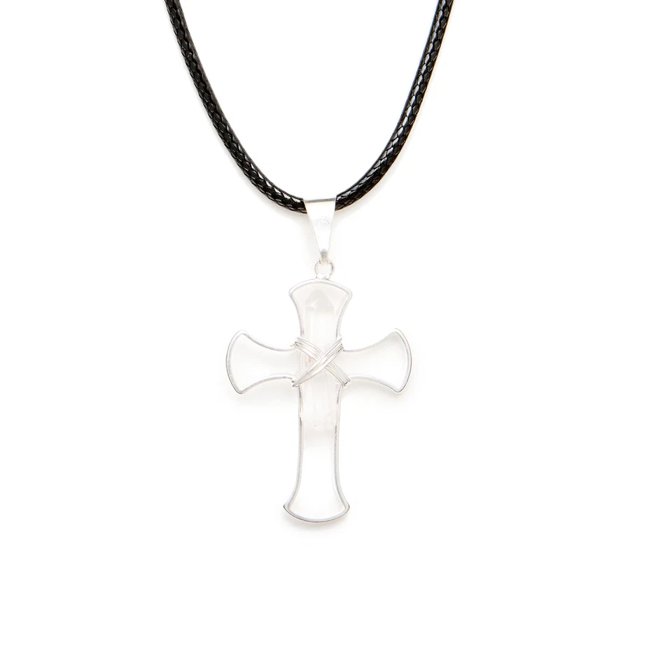 Cruz de Plata con Punta de Cuarzo Transparente Moda Collar Colgante Piedras Preciosas Joyería Foto 4 de 4