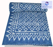 Indian Embroidery Kantha Quilt Bedspread Block Throw Cotton Blue