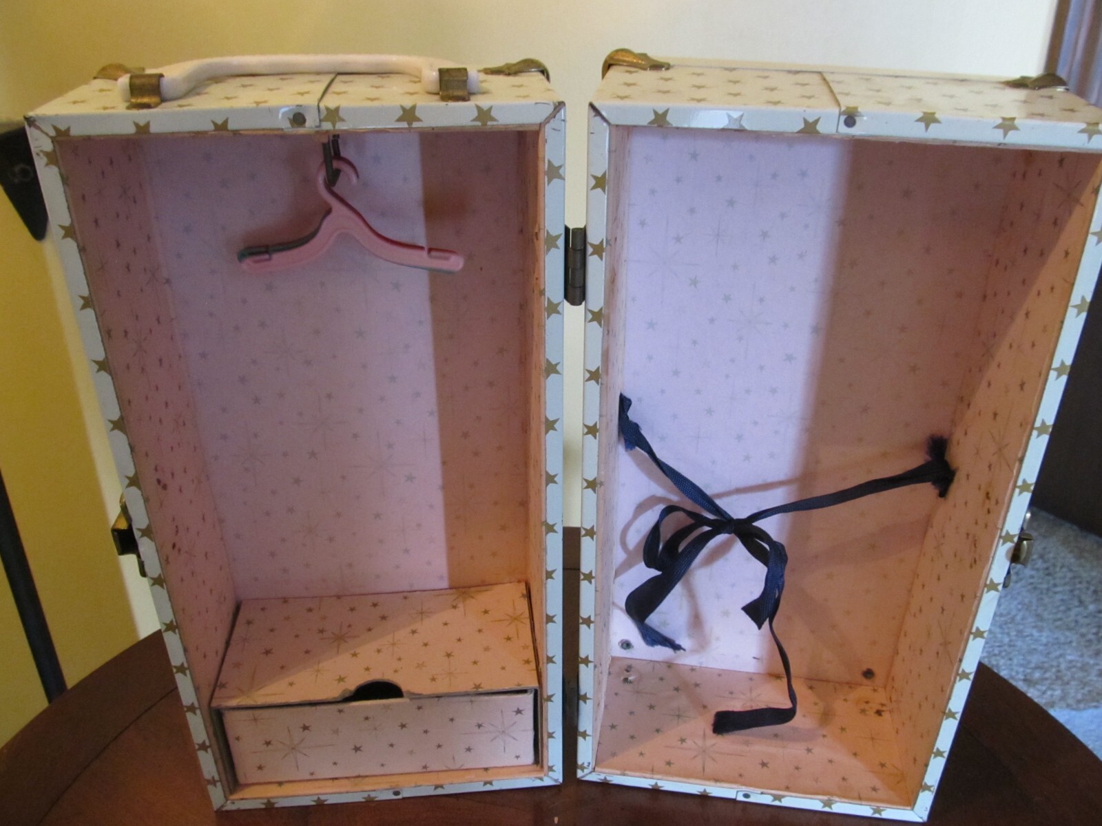 Vintage White with gold stars  Doll Carrying Case Steamer Trunk Wardrobe, 12"x6"