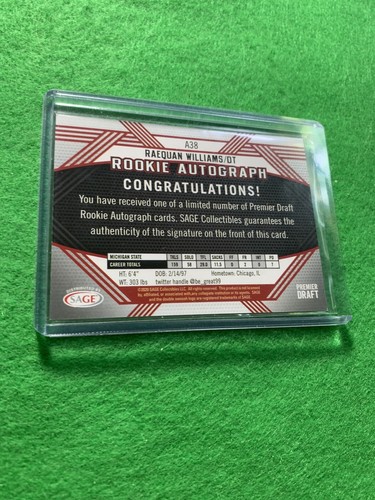 RAEQUAN WILLIAMS AUTO ROOKIE CARD EAGLES RC BLACK 2020 SAGE HIT PREMIER DRAFT RC - Picture 9 of 12