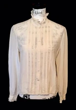 Vintage Barbara Silk Blouse Cream Long Sleeves High Victorian Neckline Sz 13/14