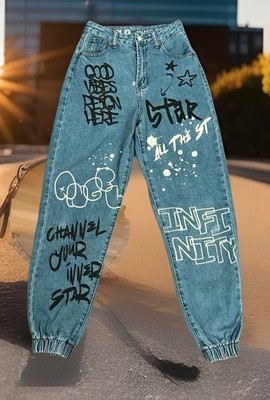 S.O.N.G. Womens Sz 0/24 Jogger Jeans Cotton Denim Graffiti Streetwear Good Vibes