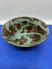 Vintage Hand Crafted Pottery Bowl Green/Brown H 2.5" W 6" Artist Signed