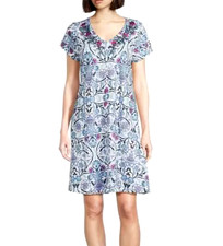Go Softly XL Patio Dress Short Sleeve V-Neck Zip-Front Knit Blue Floral