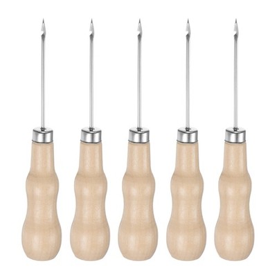 5pcs Handwork Sewing Awl Reed Wood Hook Head Leather Punch Hole Tool, Log Color
